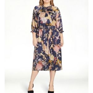Boho Satin Peasant Midi   Dress in Navy Floral
